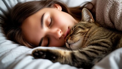 Young woman sleeping peacefully with tabby cat in bed, sharing a cozy moment of comfort and affection, illustrating the strong bond between humans and pets and the importance of rest