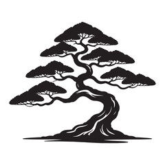 Elegant bonsai tree silhouette with curved branches on white background