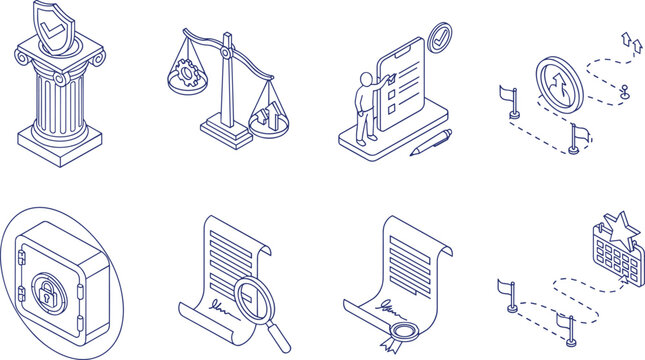 Isometric Line Art Law, Justice, Contract, and Business Security Icon Set