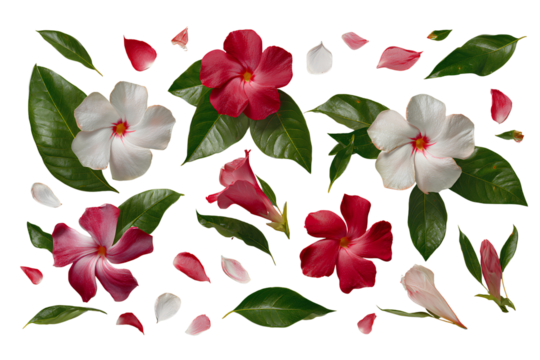Red and White Mandevilla Flower Mix in Artistic Flat Lay Composition, Top View Botanical Design, Isolated on Transparent Background