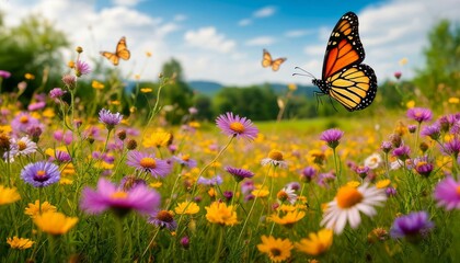 Monarch butterfly flying above a colorful wildflower meadow, vibrant yellow and purple blossoms blooming under a clear blue sky, symbolizing spring, nature, and joy, TV computer screensaver wallpaper