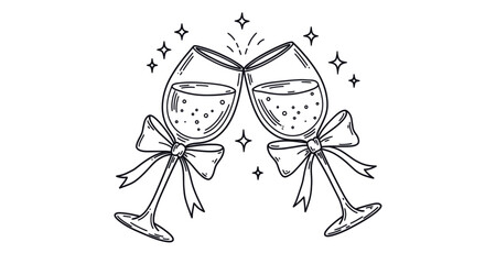 Two sparkling wine glasses with ribbons symbolizing New Year celebration, holidays, and festive toasts. Line art vector illustration, isolated on a transparent background