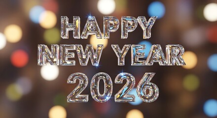 Sparkling happy new year 2026 text illuminated by festive bokeh lights creating a celebratory and magical atmosphere for holiday greetings
