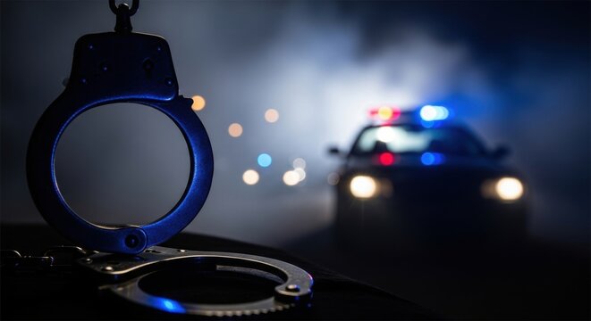 Arrested: Handcuffs in Foreground with Police Car Lights in Background