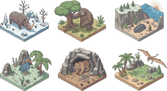 Isometric Hand-Drawn Prehistoric Extinct Animals and Paleontology Scenes