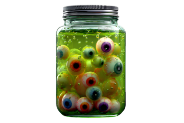 Realistic Scary Eyeballs in Glass Jar with Floating Bubbles, Halloween Horror Decoration, Isolated on Transparent Background