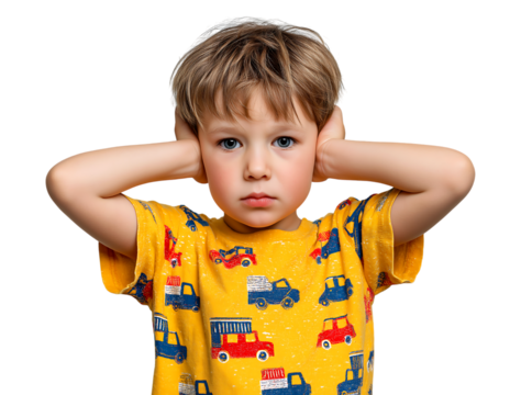 Stop the Noise! Young Boy Covering Ears Due to Sensory Overload or Distress isolated on a transparent background