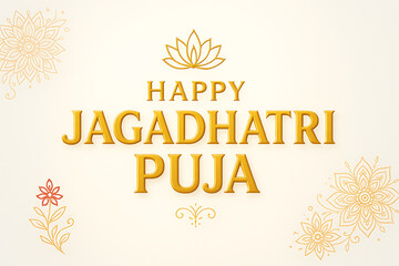 Obraz premium Elegant happy jagadhatri puja greeting text in embossed gold on a white background with subtle lotus and mandala design elements