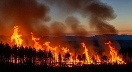 Wildfire Devastation - Flames Consuming Forest at Dusk.