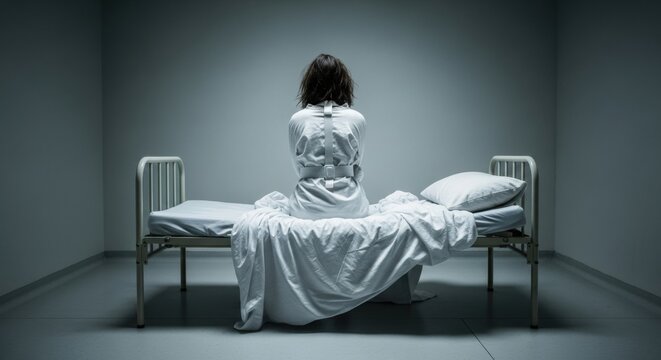 Back View of Woman in Straitjacket Sitting on Bed in Dimly Lit Room