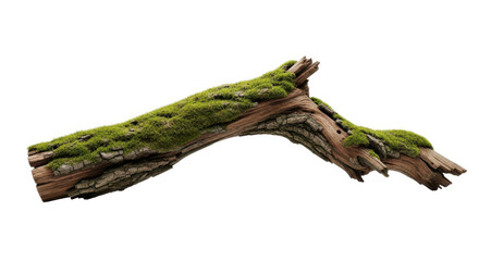 A mossy branch isolated on white background, showing the texture of the moss
