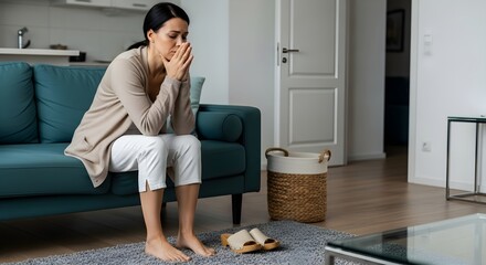 A solemn young woman sits alone on a living room couch, hands clasped, reflecting feelings of anxiety, sadness, and quiet solitude at home