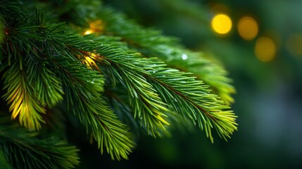 Evergreen pine needles with warm yellow lights in a soft focus background