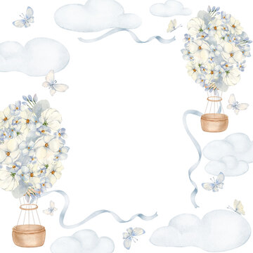 Balloon with basket watercolor blue frame isolated background. Hand painted aerostat and pale flowers. Clouds, butterflies and satin ribbon for neutral baby shower. Drawing for kids birthday cards.
