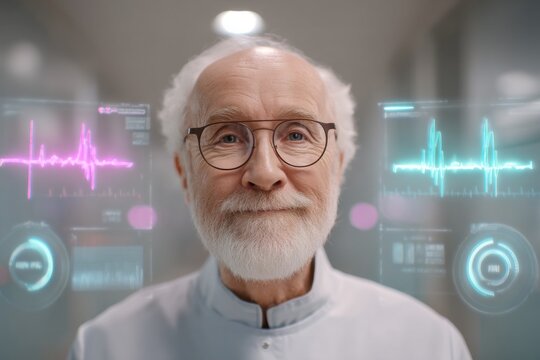 Elderly caucasian male doctor with futuristic heart monitors in medical setting