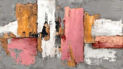 Abstract Painting with Pink, Orange, White, and Gray Textured Blocks, Expressing Modern Minimalist Art, Balance, and Contemporary Design
