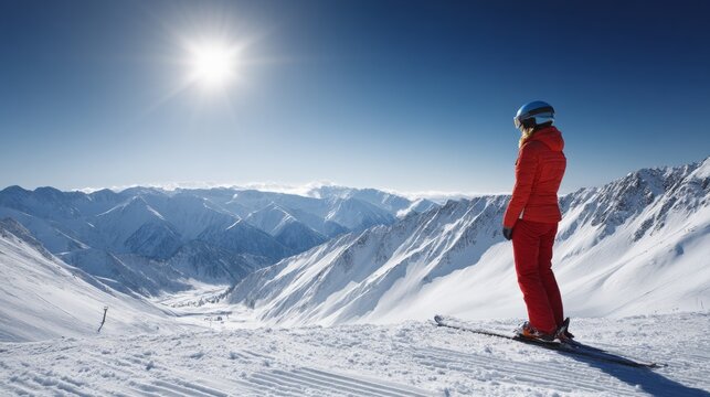 Female skier enjoying scenic mountain view on a sunny winter day
