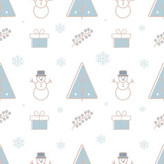 Christmas seamless pattern of Christmas trees, a snowman, a gift, and snowflakes in gray and blue tones on white background. Template for Christmas decorations, packaging, postcards and winter design