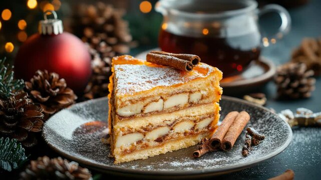 A slice of layered cake with cream and cinnamon on a dark plate. Pine cones and a red ornament are in the background. A cup of tea is nearby.