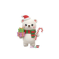Obraz premium Cute cartoon polar bear with a gift box and hat illustration for Christmas holiday decoration