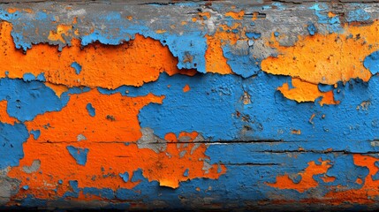 Close-Up of Blue and Orange Peeling Paint on Old Wooden Surface, Showing Rustic Texture, Cracked Layers, and Vintage Grunge Background
