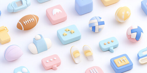 Colorful 3D icons with sports theme are arranged in pattern, featuring items like football, volleyball, and various chat symbols. pastel colors create playful and modern design