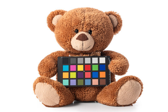 Soft plush brown teddy bear toy for kids with colorchecker color checker board or colours chart for calibrate