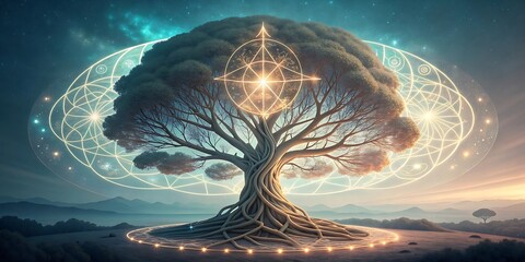 Enlightened tree of life with cosmic energy and sacred geometry in a mystical landscape.