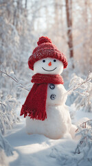 Fototapeta premium Happy snowman in knitted hat, scarf holds up his hands. Snowman standing on snowy forest background. Merry Christmas and happy new year greeting card. Snow background. Winter fairytale