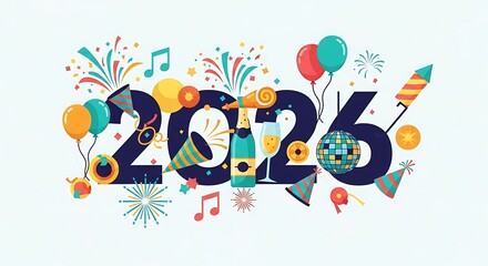 Happy new year 2026 celebration with festive decorations confetti balloons fireworks and champagne bottle illustration