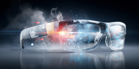 Futuristic anaglyph glasses in cyberpunk style with digital effects and glowing elements, creating high tech and immersive atmosphere