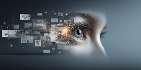 Digital android eye with futuristic computer vision concept, surrounded by floating digital screens and data, symbolizes advanced technology and innovation