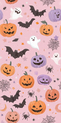 Obraz premium Cute Halloween pattern with jack o lanterns, ghosts, bats, and spiders on pink background, creating playful and festive atmosphere