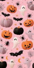 Naklejka premium Cute Halloween pattern with jack o lanterns, ghosts, bats, and spiders on pink background. design includes stars, moons, and spider webs, creating playful and festive atmosphere