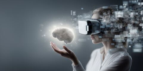 Person wearing virtual reality glasses interacts with digital brain hologram, symbolizing fusion of technology and human cognition
