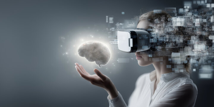 Person wearing virtual reality glasses interacts with digital brain hologram, symbolizing fusion of technology and human cognition