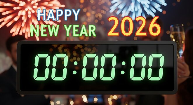Bright neon sign reads happy new year 2026 above digital clock displaying midnight with fireworks exploding in the background