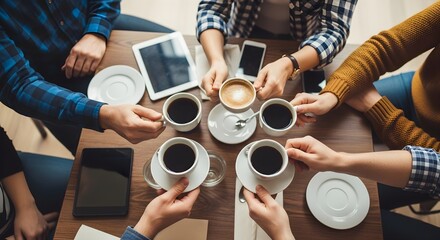 Overhead shot of diverse friends or colleagues enjoying coffee and conversation at a table, sharing a social moment and connection, fostering community