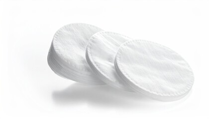 Stack of round, white cotton pads on a white background