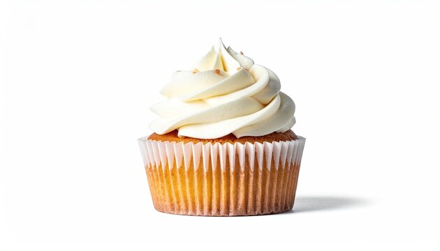 Cupcake with creamy, swirled frosting in a paper wrapper