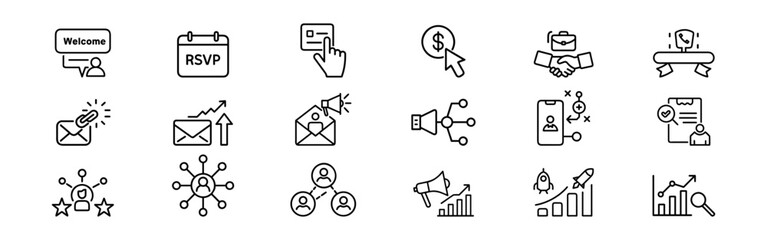Customer acquisition outline icon set – welcome, RSVP, lead generation, digital marketing, conversion, referral, outreach, growth strategy symbols, Email engagement, invitation, announcement