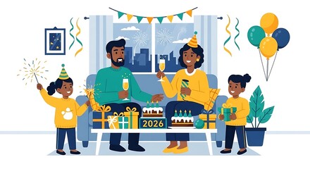 Fototapeta premium Happy black family celebrating a birthday together with cakes presents and balloons in a cozy living room