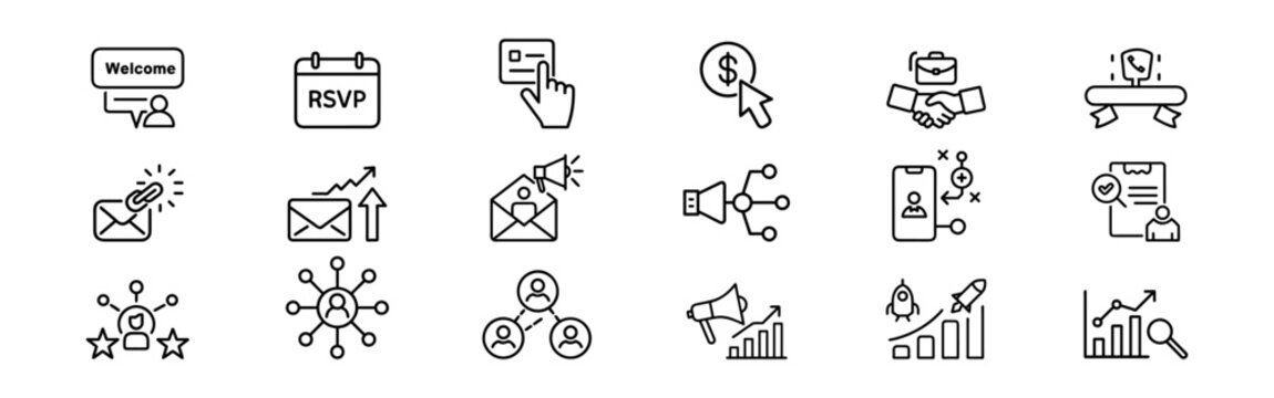 Customer acquisition outline icon set – welcome, RSVP, lead generation, digital marketing, conversion, referral, outreach, growth strategy symbols, Email engagement, invitation, announcement