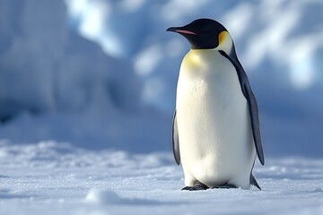 Fototapeta premium Emperor penguin standing on snow in the icy Antarctic landscape during bright daylight