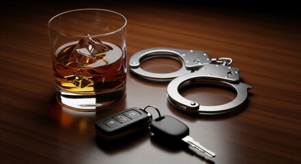 DUI Consequences: Whiskey, Handcuffs, and Car Keys on Dark Wood Surface