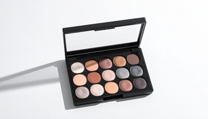 Opened eyeshadow palette with neutral tones on white