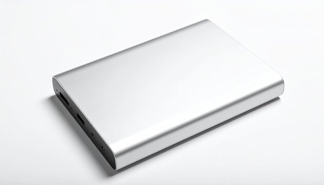 Silver, rectangular power bank on a white surface