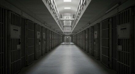Eerie Prison Corridor: Symmetrical Rows of Cells Under Dim, Rectangular Skylights