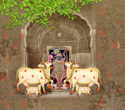Indian Pichwai Cow Illustration with Shreenathji (Shree Krishna), Arch gate and green tree branch for Interior Wall Decoration.
Category