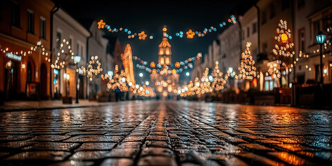Blurred Christmas city street at night with lights